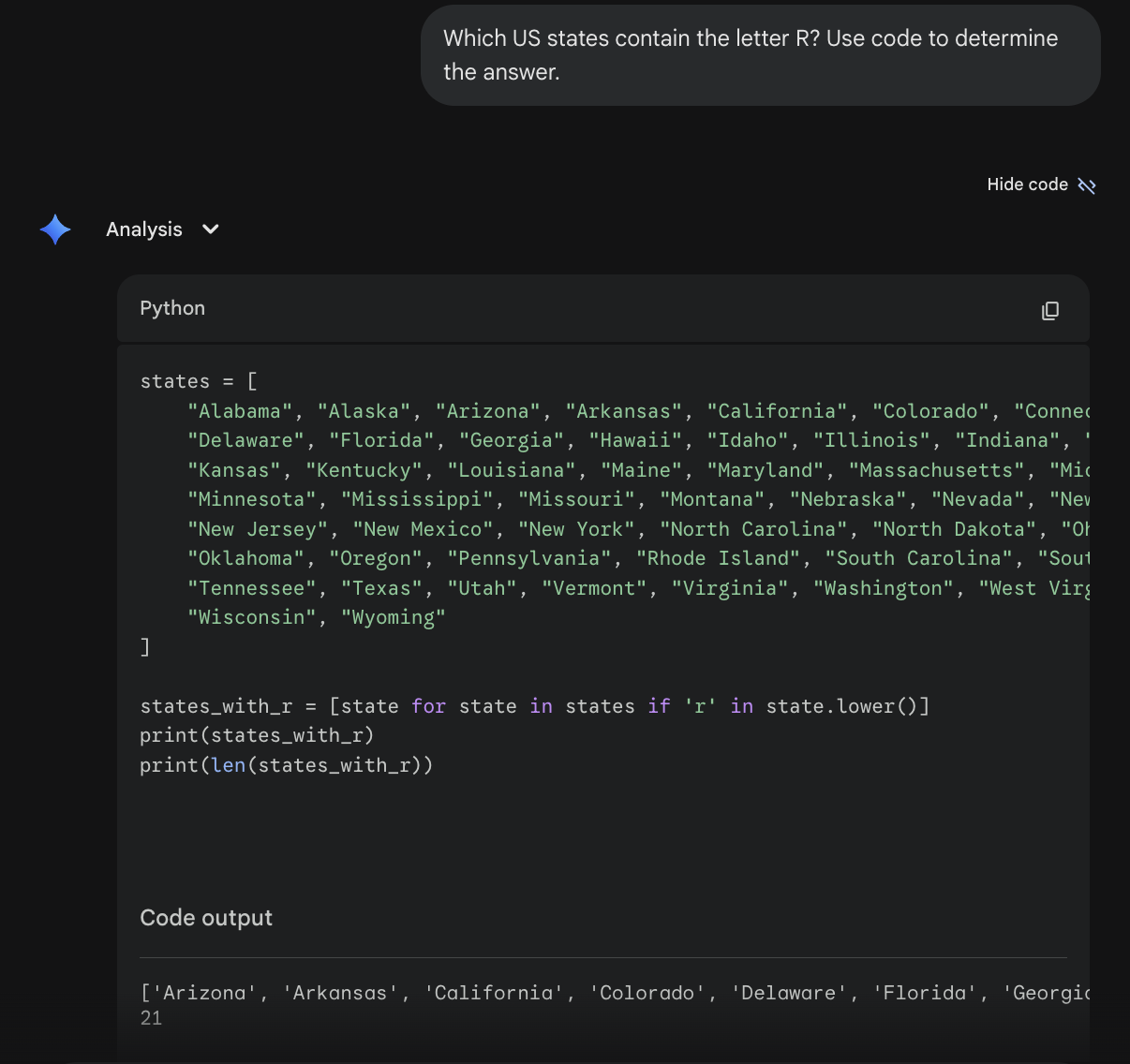Gemini answers US States with 